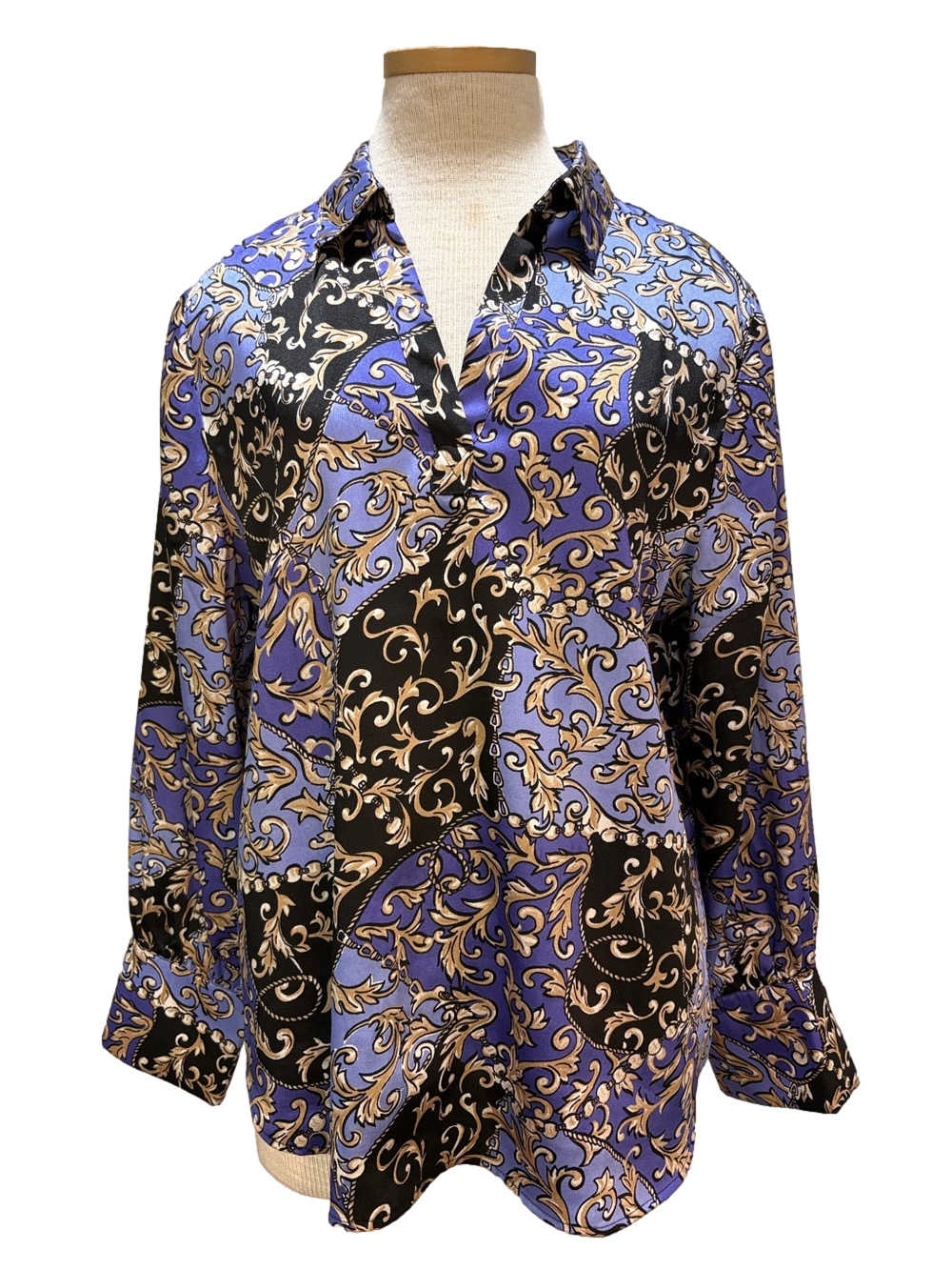 Chico’s sz L black, purple, and tan popover blouse